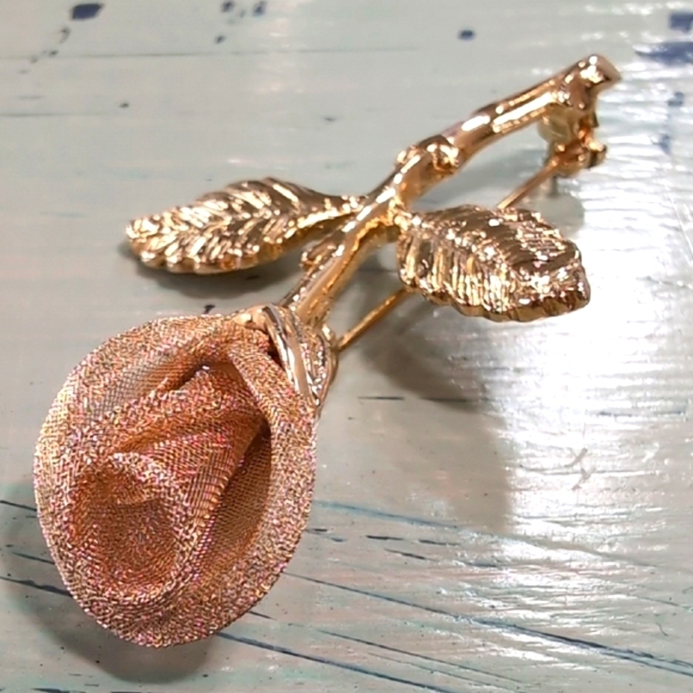 AAI | Vintage Gold Toned Rose Stem Brooch with Mesh Petal Detailing 2"